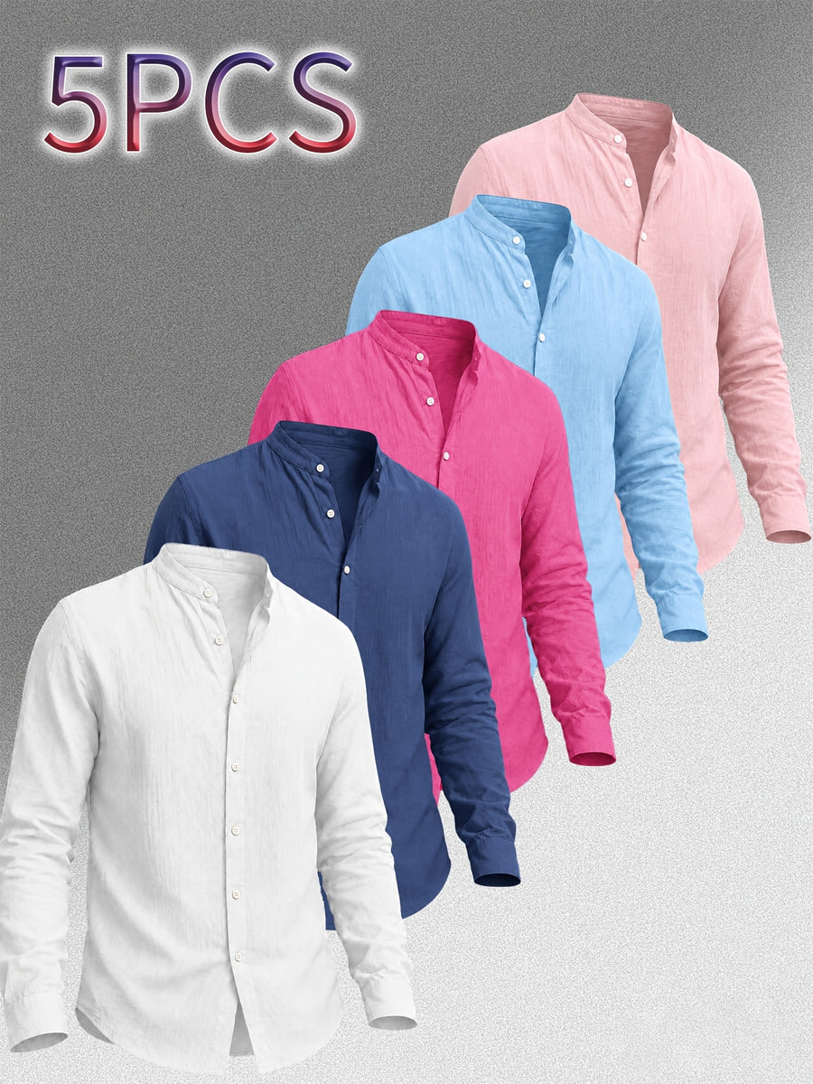 Zhiyu OBM Men's New Stand Collar Solid Color -Look Long Sleeve Shirt 5pcs Set, Simple Stand Collar Design, High-Quality Men's Long Sleeve Button- Shirt for Spring, Autumn, and Winter - Suitable for Outdoor Leisure, Vacation, Travel, and Formal Wear - White + Navy Blue + Rose Red + Sky Blue + Pink
