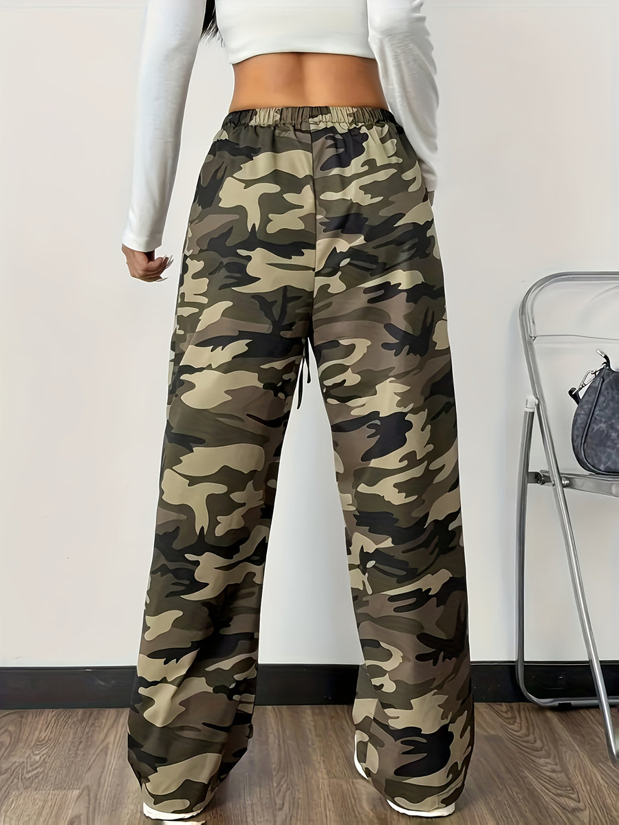 2025 Spring/Summer New Arrival Casual Camouflage Print Pants, Army Green Elastic Waist Women's Long Pants - fern green