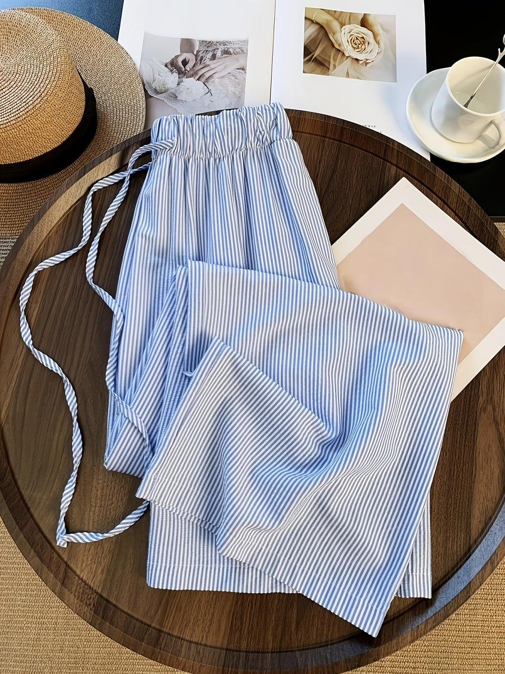 Loose Wide-Leg Pants with Light Blue Stripes in a Fresh And Clean Style - Deep Sky Blue