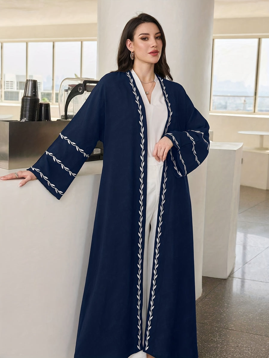 Women'S Floral Embroidery Long Sleeve Open Front Loose Arab Robe (Scarf Not Included) - Navy Color