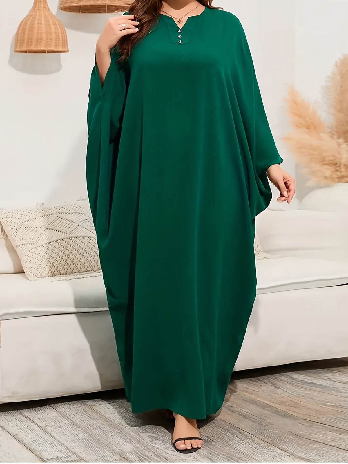 Ramadhan Solid Color Batwing Sleeve Kaftan Dress, Elegant Flat Laptop Maxi Dress, Womens - Green