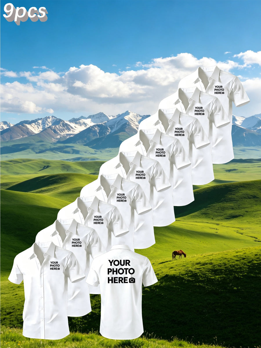 [9pcs Set] Custom Men'S Casual Shirts - Add Your Favorite Photos Or Logos, Team Uniforms, Ideal Employee Gifts, Perfect for Parties, Outdoor Activities, And Daily Wear - White