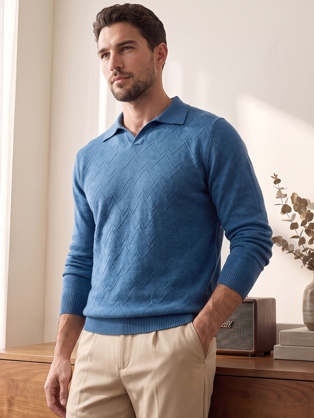Father'S Day Single Piece Men'S Fashion Henley Shirt Blue Knitted Sweater Jacquard Autumn Winter Combination Version Flip Collar Long Sleeve Home Work Top - Blue