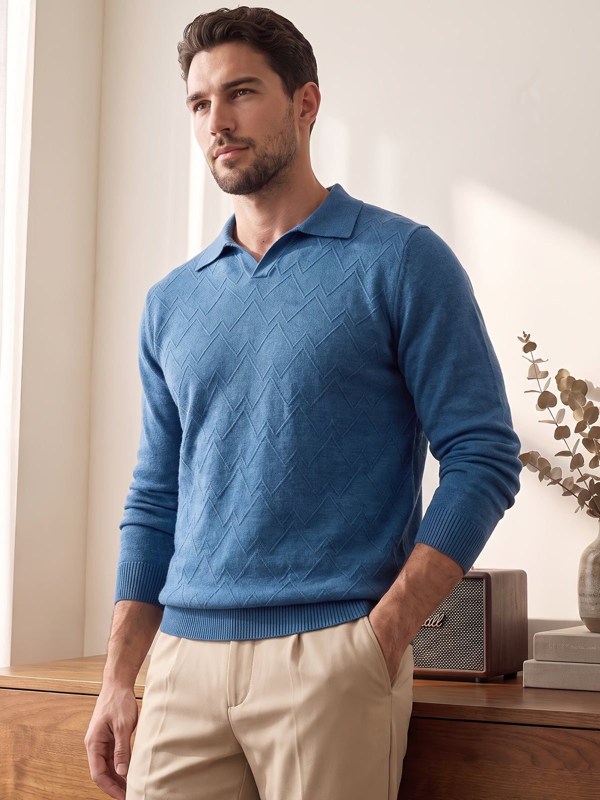 Father'S Day Single Piece Men'S Fashion Henley Shirt Blue Knitted Sweater Jacquard Autumn Winter Combination Version Flip Collar Long Sleeve Home Work Top - Blue