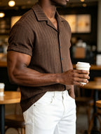 Men'S Crochet Knit Camp Collar Shirt, Short Sleeve Button- for Beach Vacation Casual Daily Wear - Coffee Color
