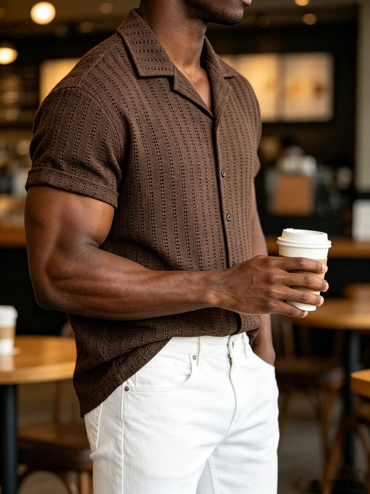 Men'S Crochet Knit Camp Collar Shirt, Short Sleeve Button- for Beach Vacation Casual Daily Wear - Coffee Color