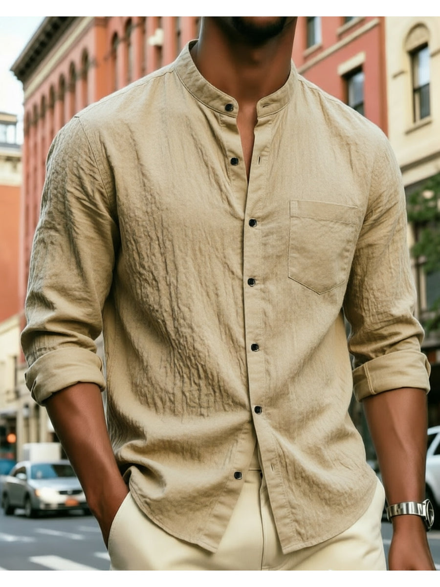 5pcs Men's  Long-Sleeve Shirts - Lightweight and Breathable Fabric with Pockets, Suitable for Summer Outdoor Walks and Vacation Wear, Ideal Gift, Casual Style, Durable Construction, Essential Travel Set - Khaki