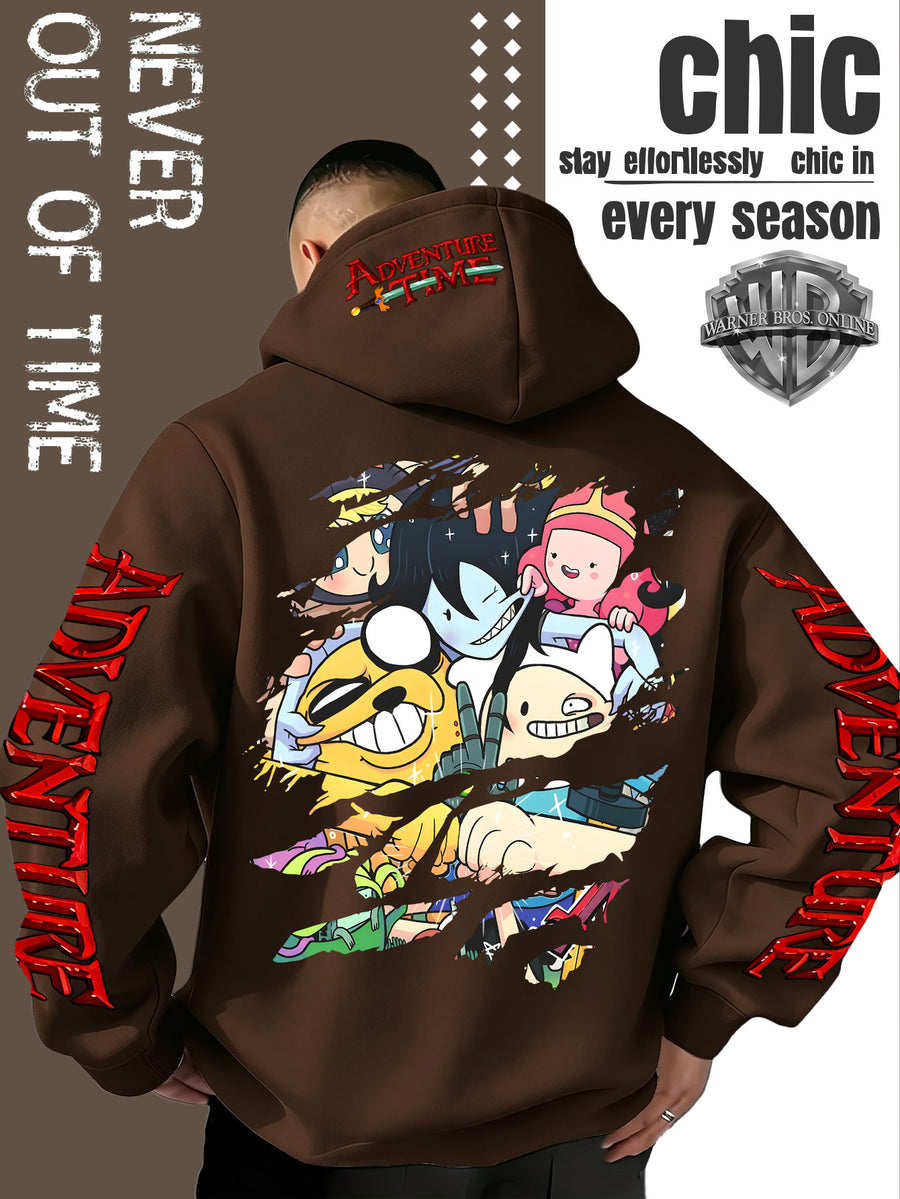 Men'S Hooded Sweatshirt Adventure Cartoon Theme Energetic Playful Gathering Group Anime Ripped Graffiti Print Pullover Top Autumn Winter Soft Comfortable Long Sleeve Hoodie Machine Washable Non-Pilling Durable Fabric American Trendy Street Style Men - Coffee Color