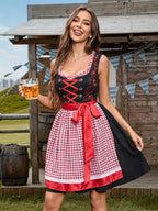 Vintage Red and Black Checkered German Ethnic Style Dress with Tie-Up Waist for Parties, Performances, Oktoberfest, and Banquets - Black