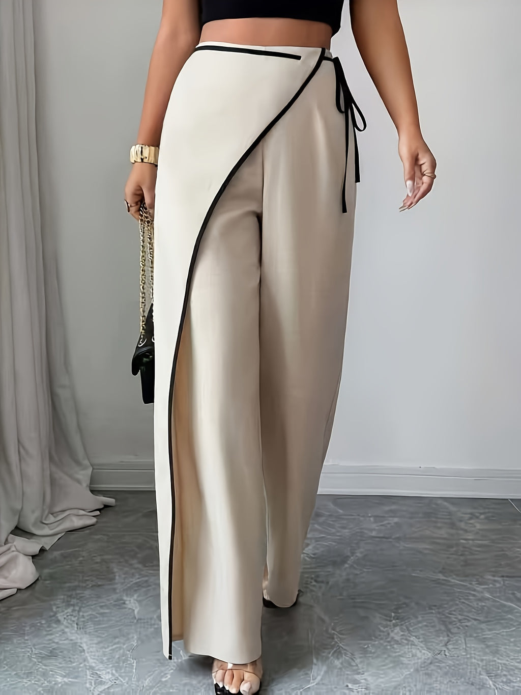 Black And White Contrast Premium Feel! Commuter Hot Favorite Design-Led Tie-Up Wide-Leg Pants - Beige