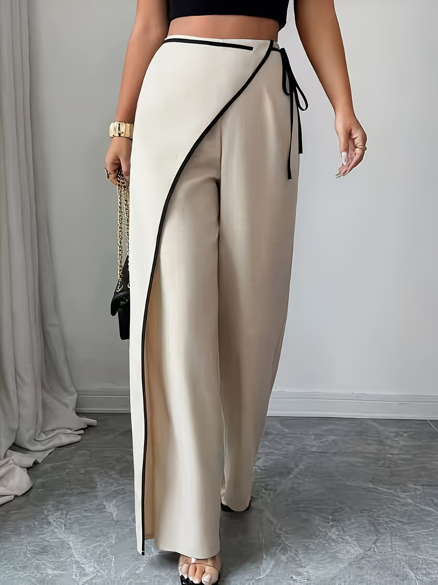 Black And White Contrast Premium Feel! Commuter Hot Favorite Design-Led Tie-Up Wide-Leg Pants - Beige