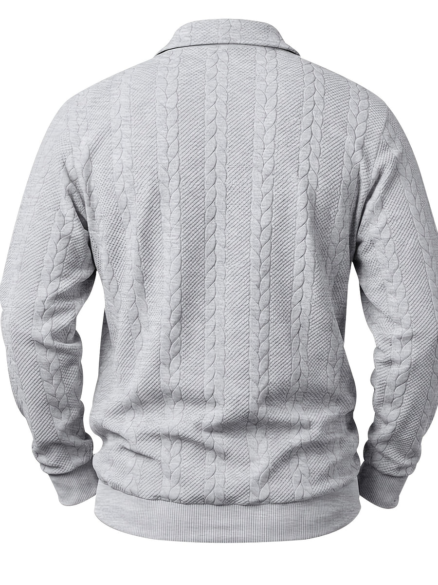 New Men'S Retro Jacquard Lapel Knit Polo Sweater Autumn Business Casual Long Sleeve Sweater Loose All-Match Solid Color Pullover Top - Grey