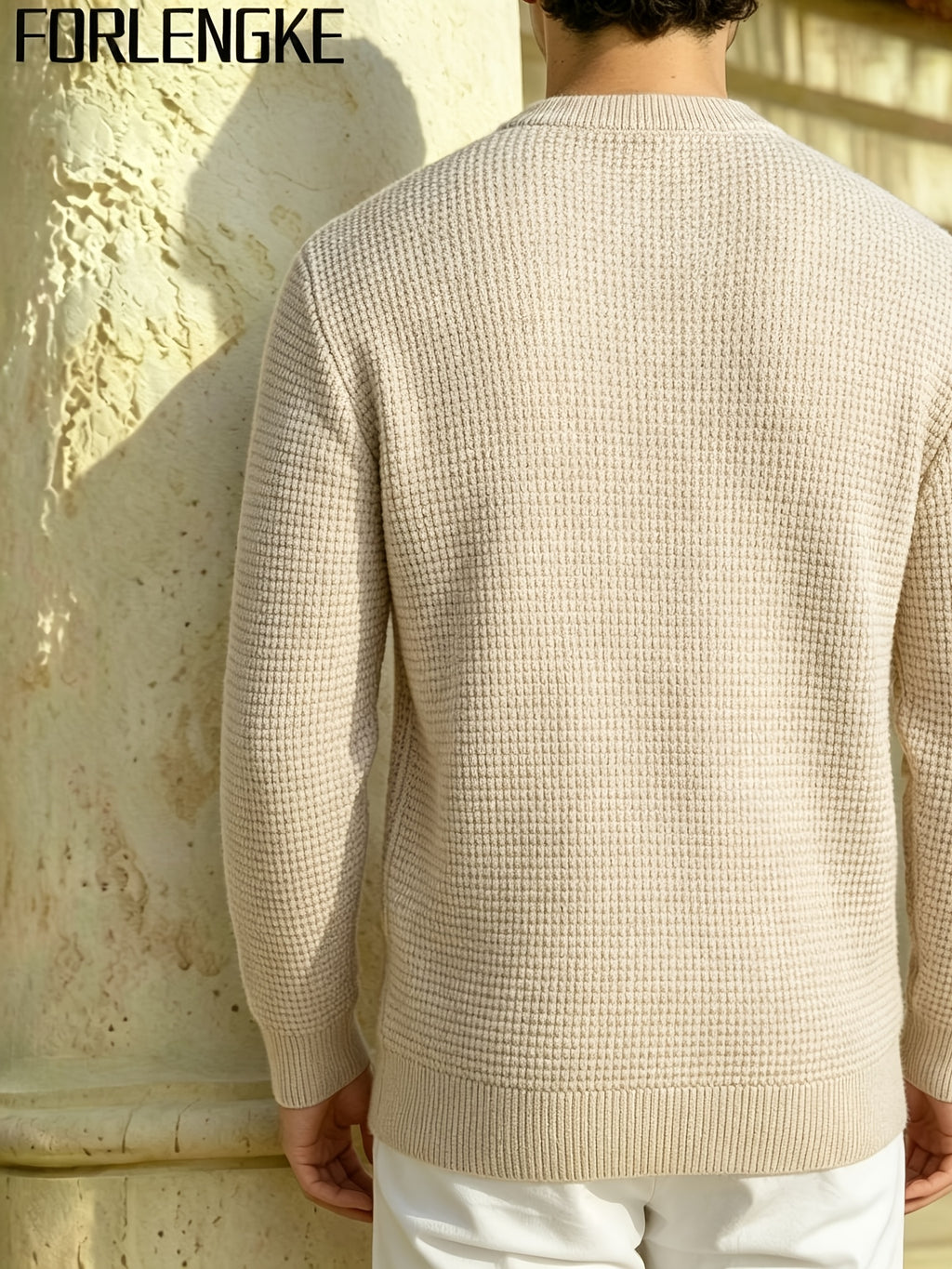 FORLENGKE Autumn/Winter New Arrival Men's American Manor Vintage Style Henley Neck Knit Sweater, Vertical Cable Waffle Knit Patchwork Texture, Regular Shoulder Fitted Cut, Autumn/Winter Manor Vacation Countryside Stroll Coffee Break Daily Streetwear - Flower Rice