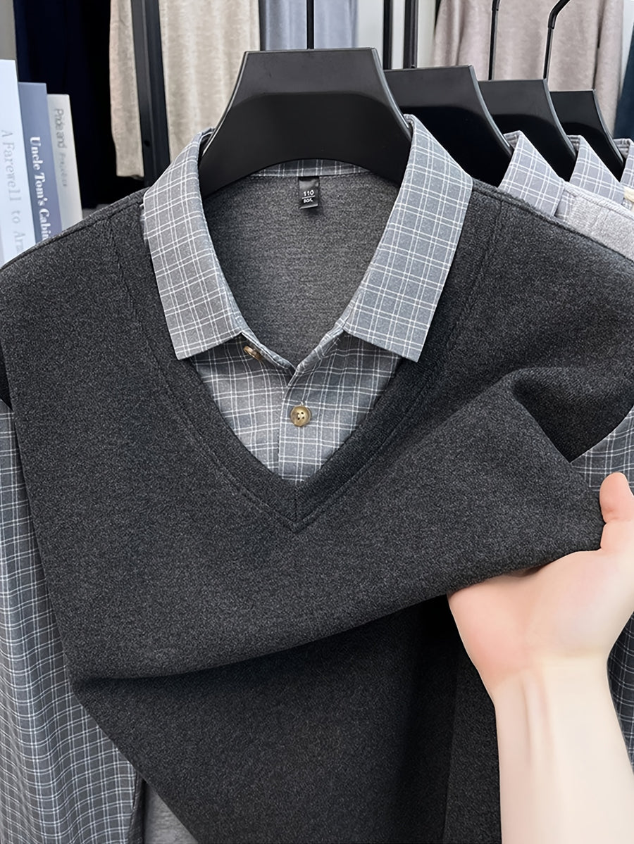 Men'S Plaid Shirt Collar Faux Two-Piece Knit Long Sleeve, Business Casual Fit for Most Body Types, Suitable for Single Wear Or Layering - SINBOS - Graphite gray
