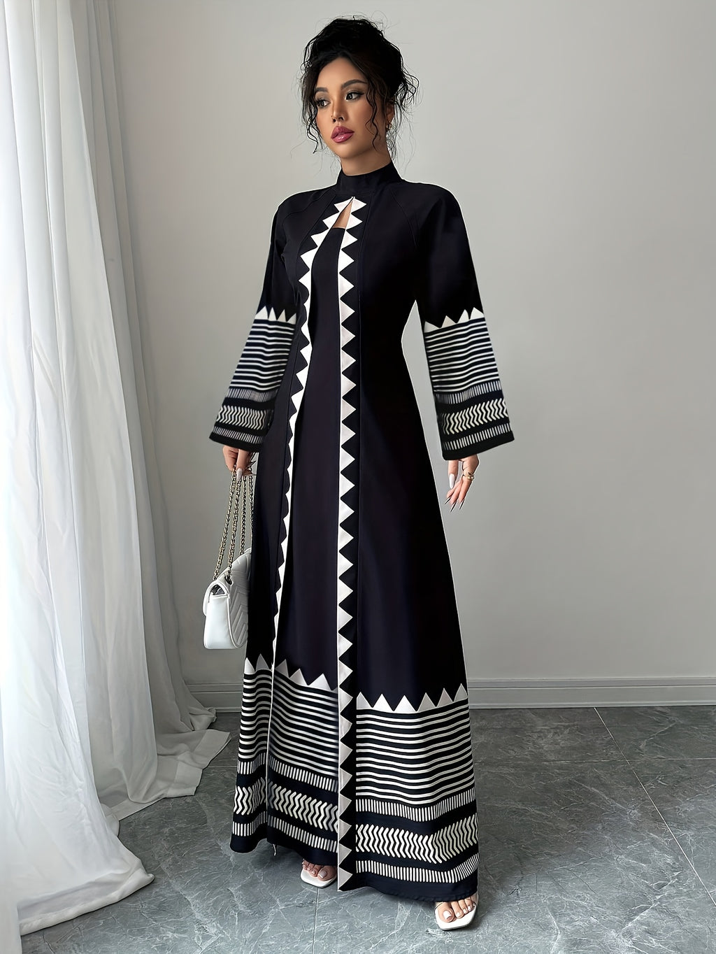 Fashionable Elegant Faux Two-Piece Fall/Winter New Floral Print Long Sleeve Maxi Dress - Dark Blue