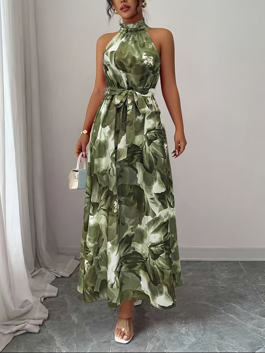 Women's Elegant High Lace Collar & Waist Belt A-Line Dress - Sleeveless Long Formal Wedding Bridesmaid Dress with Floral Print, Machine Washable Suitable for Prom, Special Occasions, Bridesmaids Dresses - Green