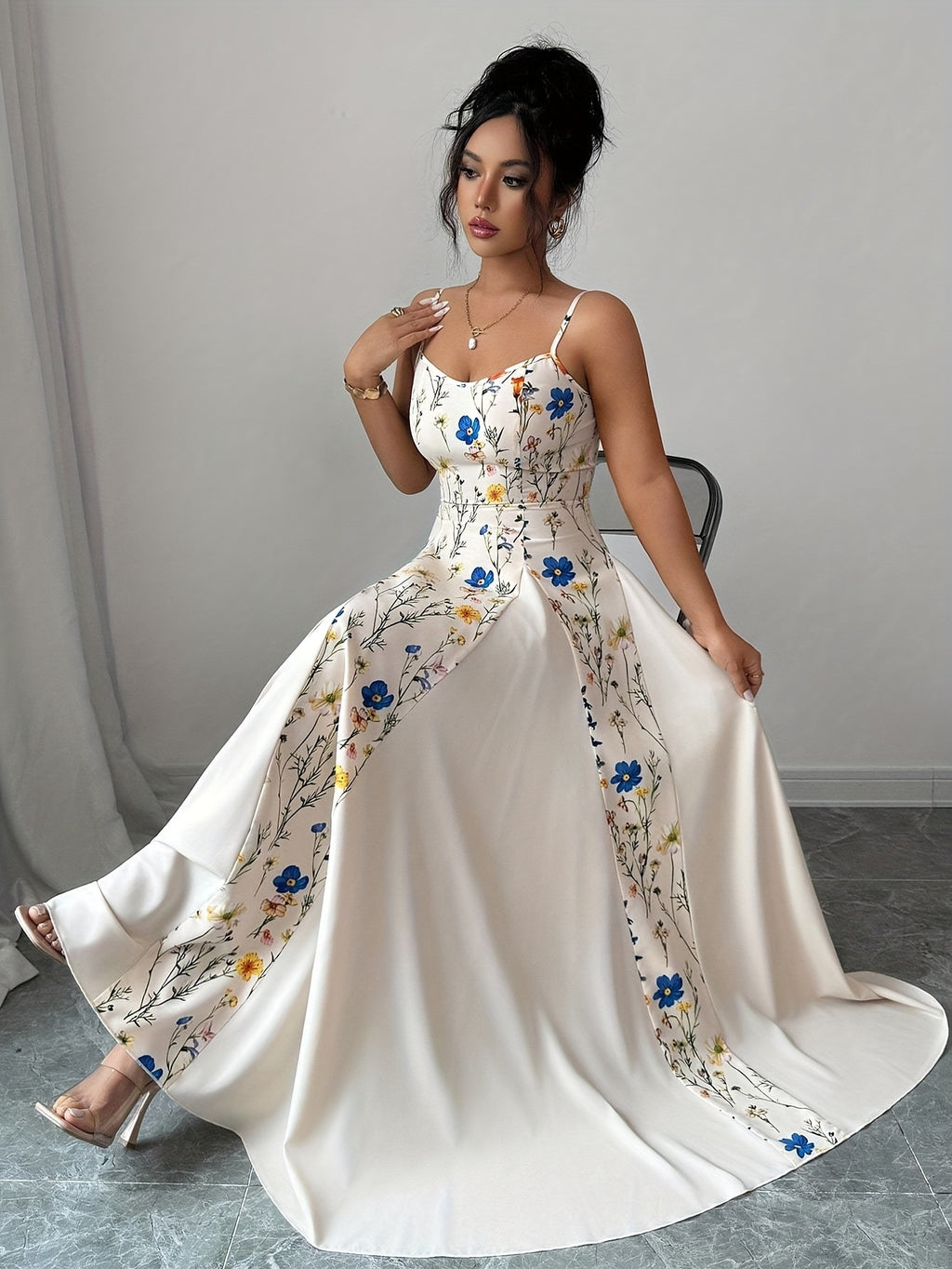 Elegant Floral Print Maxi Dress | French Romantic Spaghetti Strap, Flared Hem, Sleeveless, Backless Detail, Ideal for Spring/Summer - Multicolor