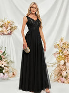 Fashionable Sexy New Women'S Sequin Mesh Patchwork A-Line Party Dress - Black