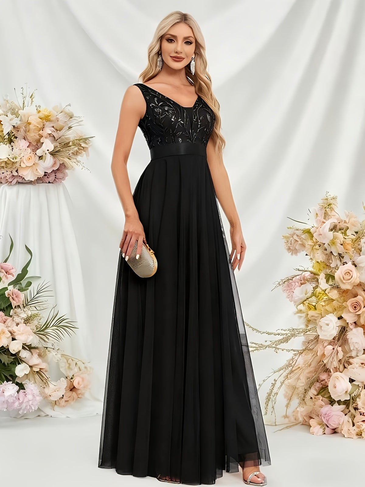 Fashionable Sexy New Women'S Sequin Mesh Patchwork A-Line Party Dress - Black