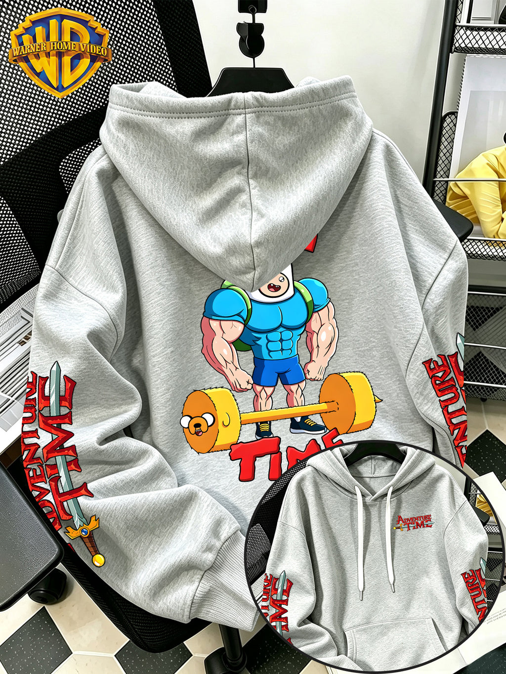 Warner Bros Official Adventure Time Finn and Jake Fitness Barbell Print Hooded Sweatshirt - Men's Casual Versatile Sweatshirt, Comfortable Autumn/Winter Wear, Ideal for Sports, Outdoor Activities, Outings, Travel, and Daily/Commute/Home Use - Light Grey