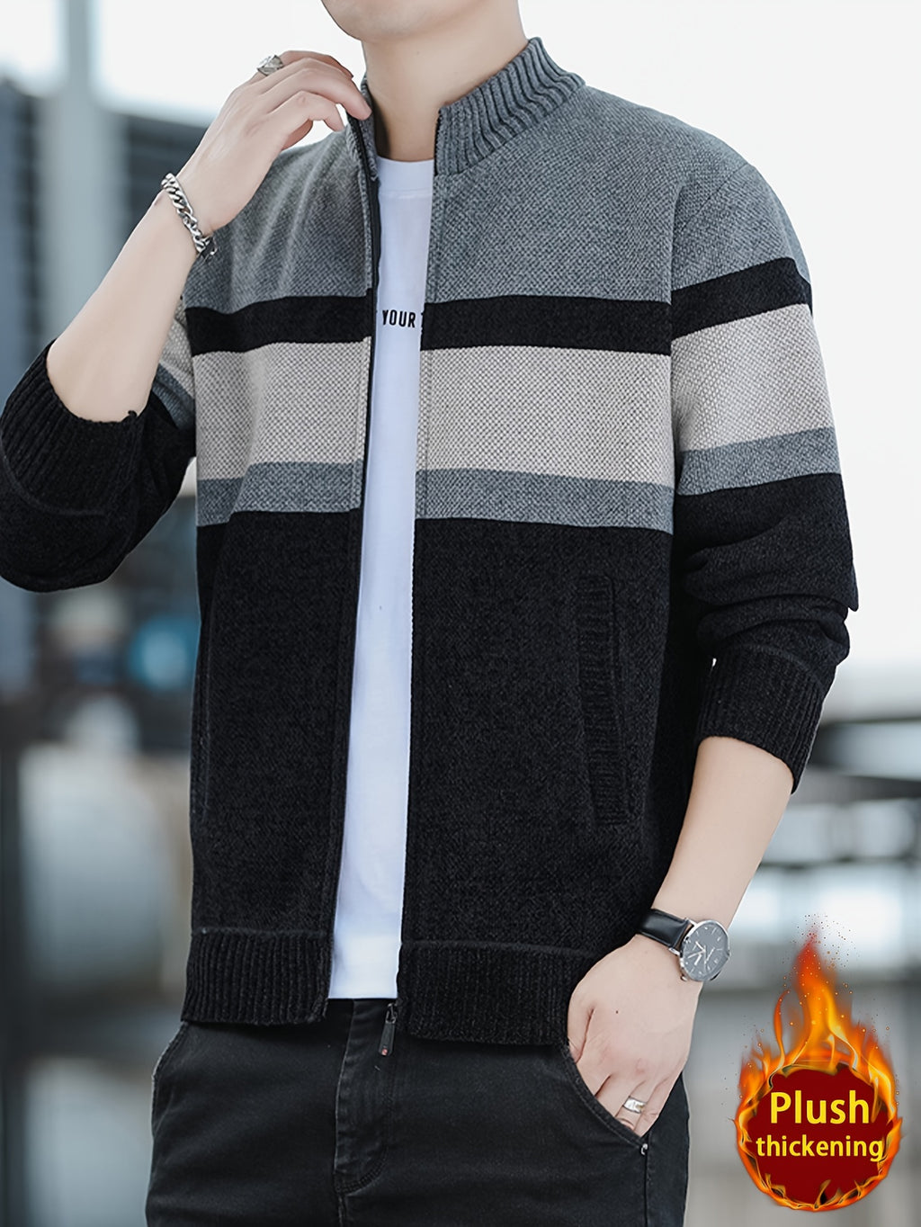 Men'S Autumn Winter Striped Contrasting Stand Up Collar, Thick Knit with Velvet, Zipper Jacket, Suitable for Autumn Winter Outdoor (Selected from Temujin) - Light Grey