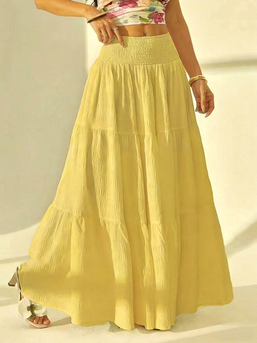 Bohemian Tiered Maxi Skirt, High-Waist Smocked A-Line Flowy Long Skirt, Casual Loose Pleated Solid Color Skirt for Beach Vacation Daily Wear, Women'S Fashion - Off-white