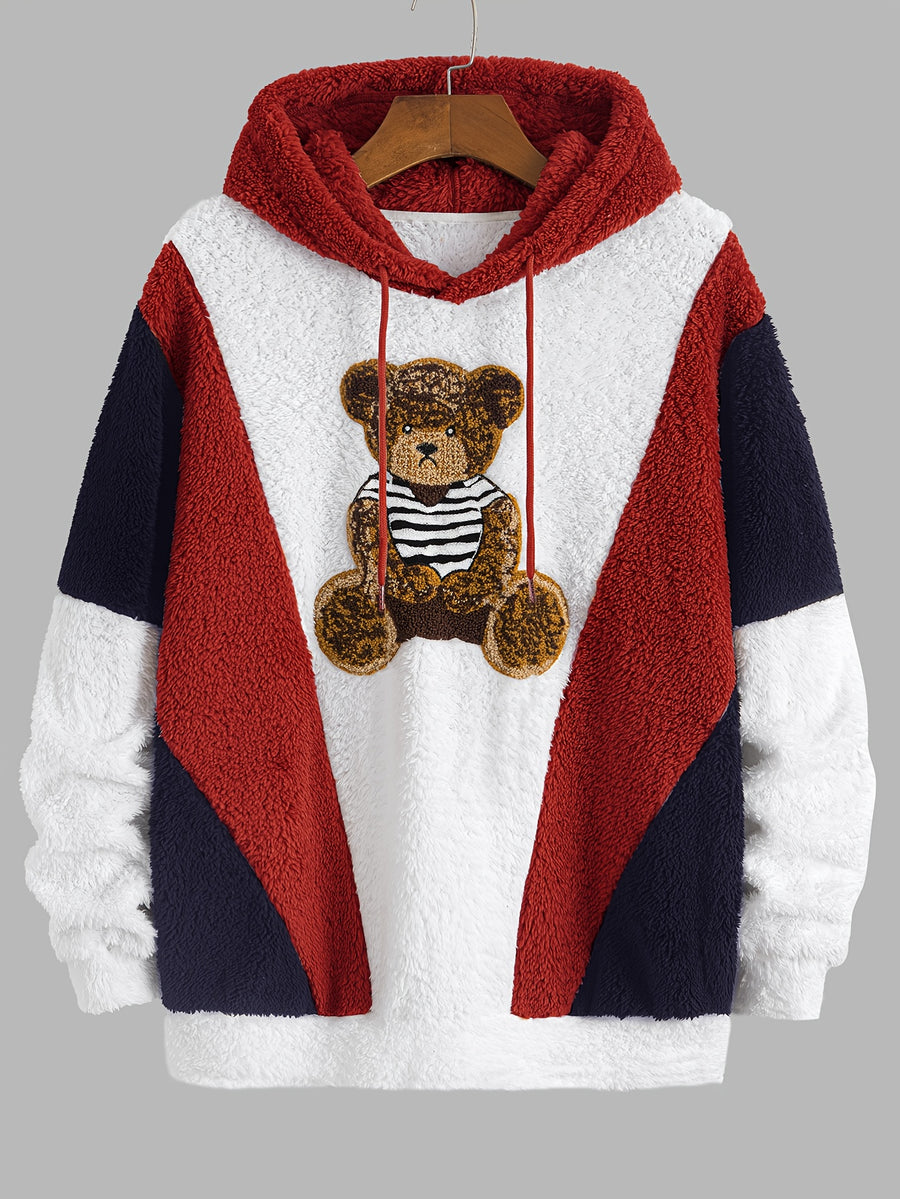 Men'S Bear Embroidered Hooded Plush Sweatshirt, National Trend Contrast Patchwork Thickened Warm Jacket, 3D Loose Winter -10°C Cold-Resistant Trendy Men'S Top - Red