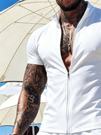 European Style Solid Color Men's Zipper Short Sleeve Cardigan, Stand Collar Slim Fit, Skin-Friendly Summer Basic Sport Short Sleeve Cardigan Sports Jacket - White