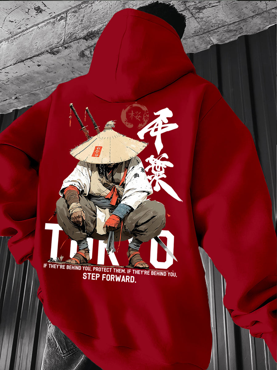 Men's Japanese Ronin Kendo Samurai Hooded Sweatshirt, Printed Hoodie, Trendy Streetwear Vintage Versatile Heavyweight Sweatshirt, Autumn Essentials - Red