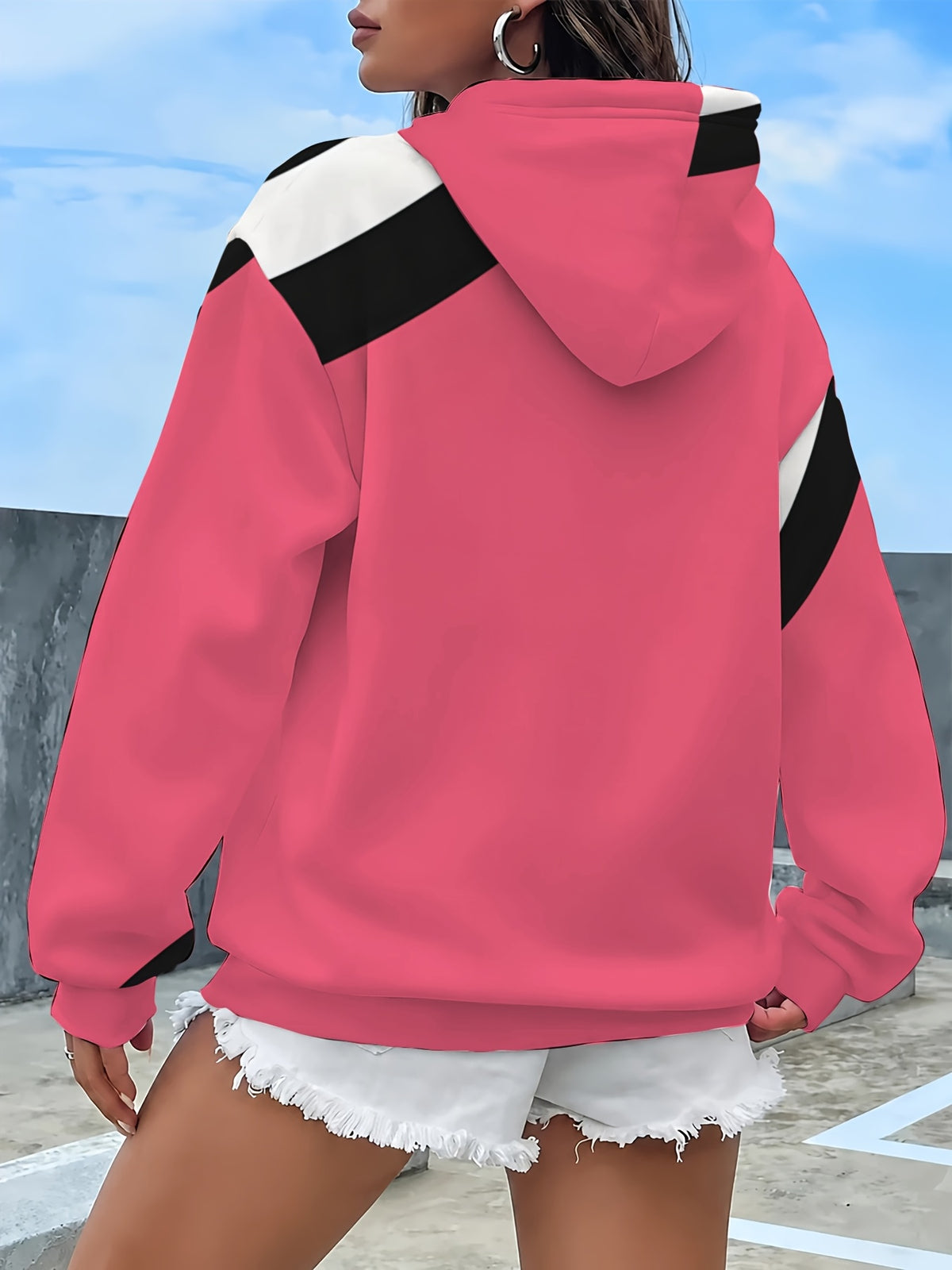 Women'S Long Sleeve Drawstring Sweatshirt, Casual Loose Pocket Sweatshirt - Pink Color