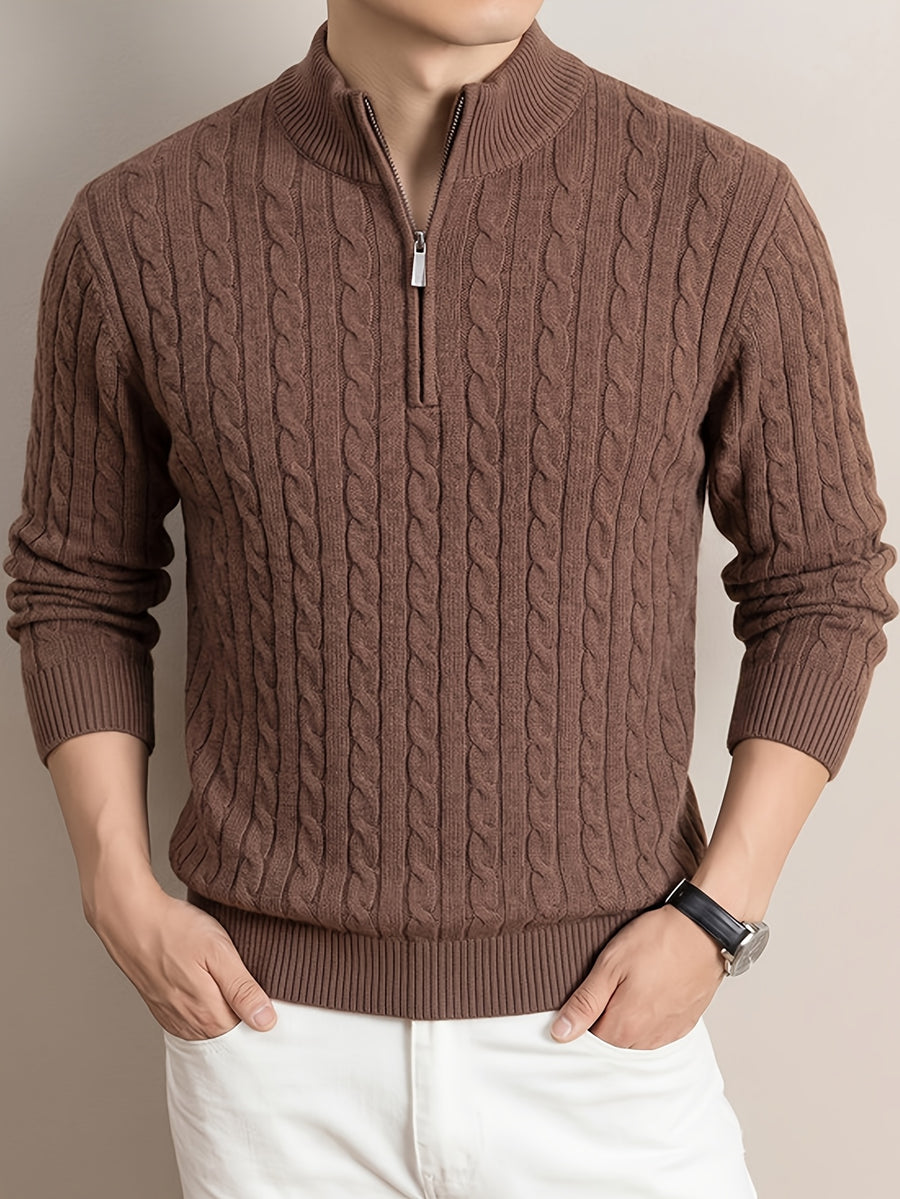 Men'S Half-Zip Jacquard Knit Sweater, Retro Luxury, Breaking The Monotony of Middle-Aged Sweaters, Suitable for Business Casual - SINBOS - Coffee Color