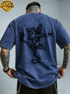 Officially Licensed by Warner. Featuring The Cartoon Print of Le Yitong'S Mischievous Wolf. This Men'S Distressed T-Shirt Is a New Summer Style with Faded And Retro Look. Perfect for Daily Wear - Royal Blue