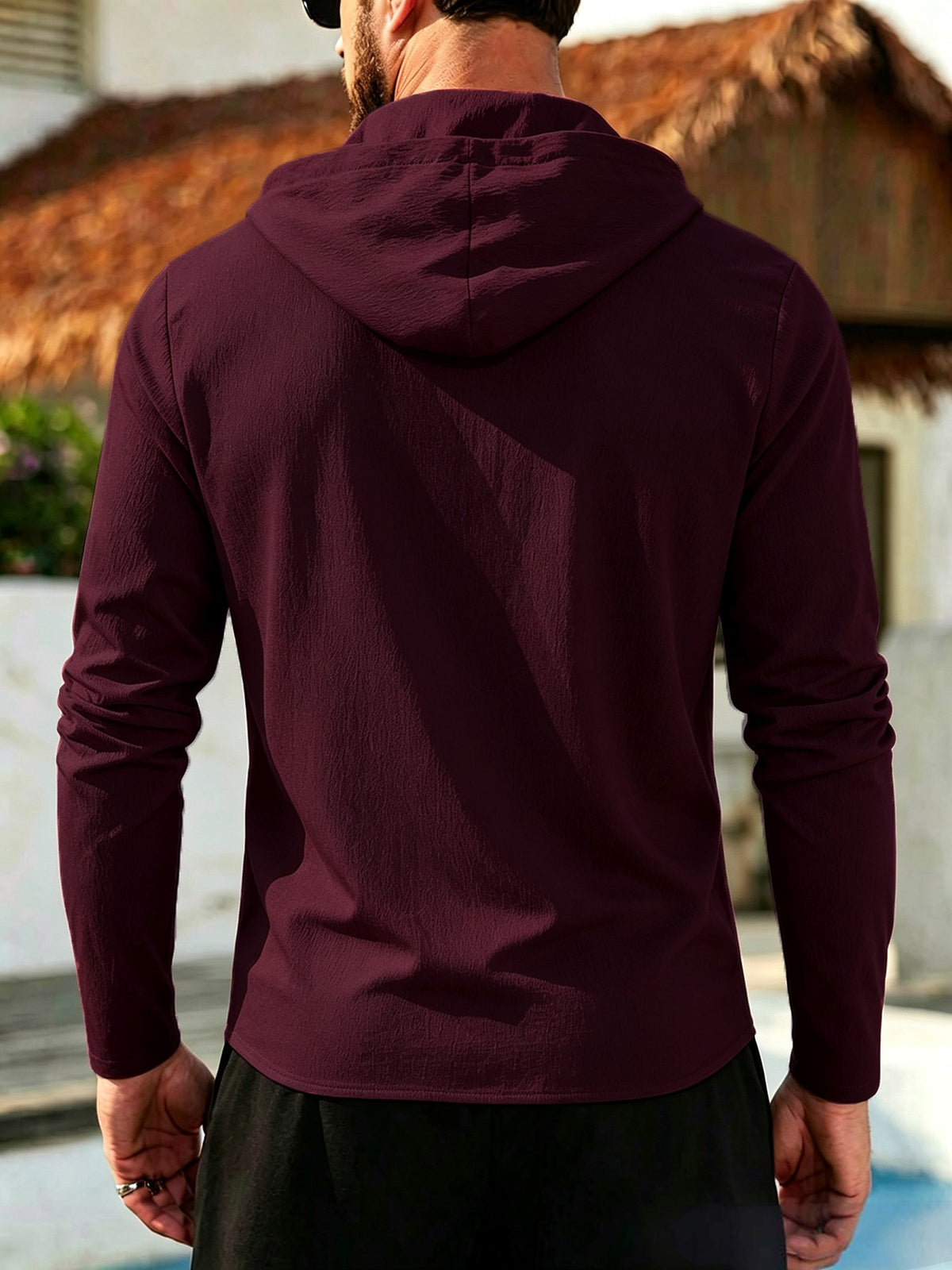 Men's Coconut Tree Print Hooded Long-Sleeve Shirt, Slightly Wrinkled Textured Casual Button-Up Cardigan, Summer Lightweight Breathable Vacation Top, Hawaiian Beach Jacket, Shirt Style + Hood with Drawstring, Suitable for Beach Trips, City Strolls - Maroon 2