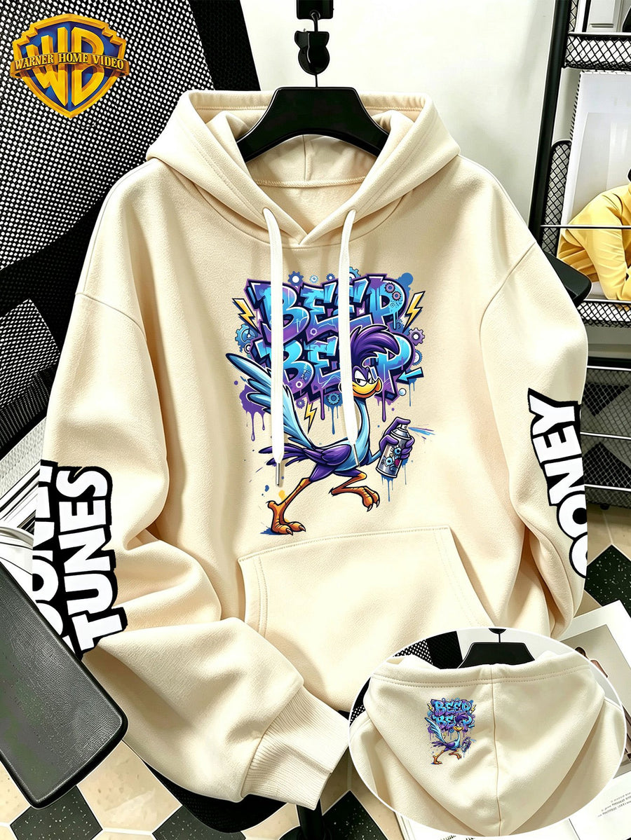 WB Warner Bros Official Men's & Women's Cyber Graffiti Runaway Bird Hoodie - Iconic WB Print Sweatshirt, Adjustable Hood, Loose Fit Warm Pullover for Fall/Winter, Machine Washable Suitable for Daily Wear & Outdoor Sports - Apricot
