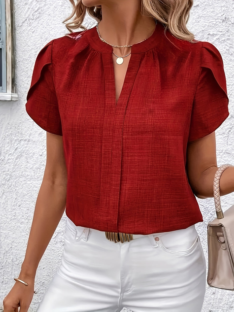 Elegant Petal Sleeve Notched V-Neck Shirt | Solid Color, Suitable for Spring/Summer/Fall - Red