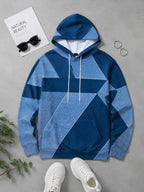 Men'S Long Sleeve Pullover Hoodie, Blue Geometric Color Block, Digital Print, Drawstring Hood Ribbed Cuffs Hem, Polyester, Casual, Daily Wear Weekend Outing, Spring Autumn - Mixed colors
