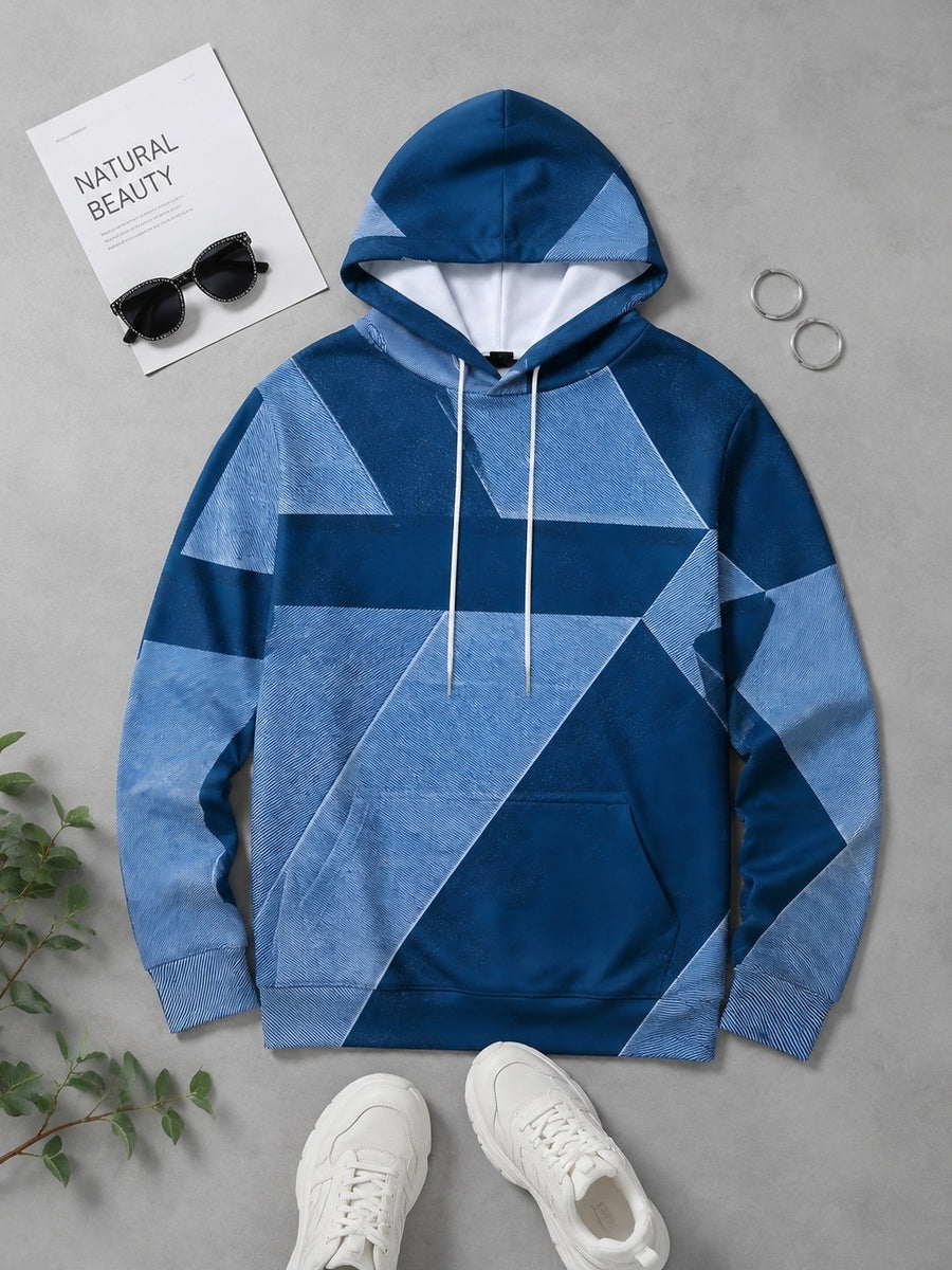 Men'S Long Sleeve Pullover Hoodie, Blue Geometric Color Block, Digital Print, Drawstring Hood Ribbed Cuffs Hem, Polyester, Casual, Daily Wear Weekend Outing, Spring Autumn - Mixed colors