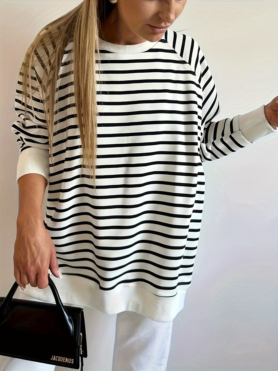Black Stripe Raglan Sleeve Side Slits Loose Sweatshirt - White