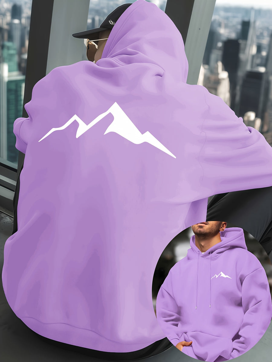 Mountain Men'S New Trendy Autumn Winter Hooded Sweatshirt, Casual Daily Drawstring Hoodie Creative Design Print, Kangaroo Pocket, Unisex Top - Light Purple