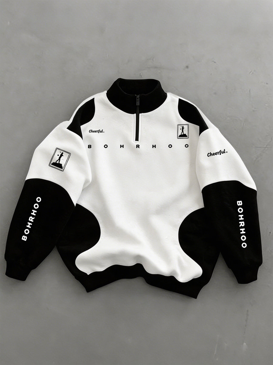 New Autumn Winter Men'S Half-Zip Stand-Up Collar Sweatshirt, Black And White Irregular Patchwork Design, Trendy Print, Double Sleeve Vertical Same Font Logo, Suitable for Campus Outings, Urban Commuting, Street Exploration, Short Outdoor Trips - White