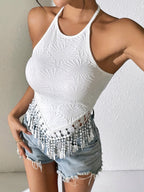 Women'S Summer Casual Halter Top with Backless Design and Tassel Detail - White Solid Color Sleeveless Shirt for Casual Attire, Ladies Summer Outfits - White