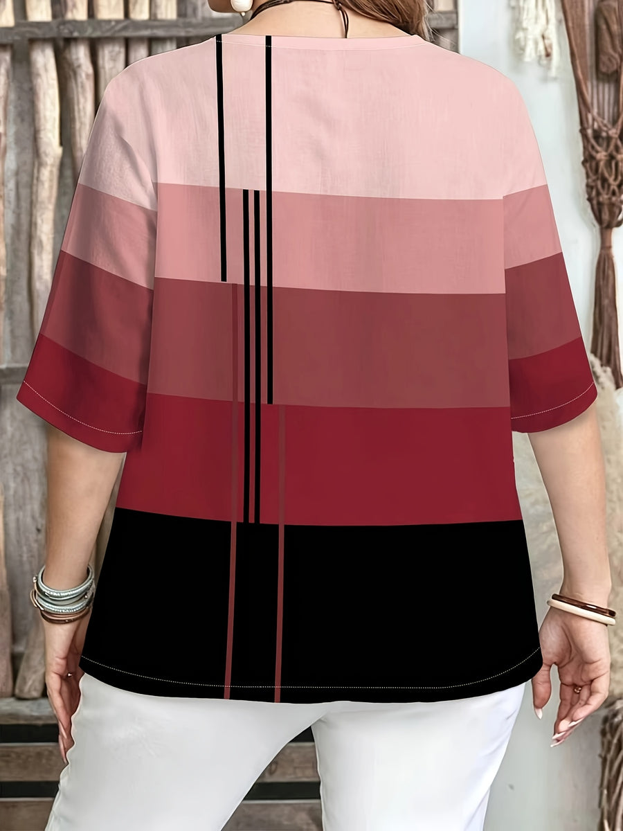 Printed Design – Not Textured. Women's Casual Button-Patch Colorblock V-Neck Three-Quarter Sleeve T-Shirt, a Perfect Gift for. - Mixed Color M