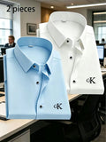 2 Men'S Spring And Autumn Fashion Long-Sleeve Printed Shirts, Casual, Breathable, High-Quality, Anti-Wrinkle Shirts, Suitable for Business And Office Wear - Blue+light white