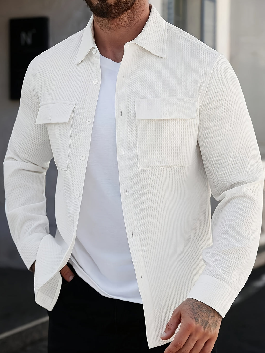 Men's Casual Long-sleeve Shirt, Double-pocket Waffle- Button- Casual Long-sleeve Shirt - White