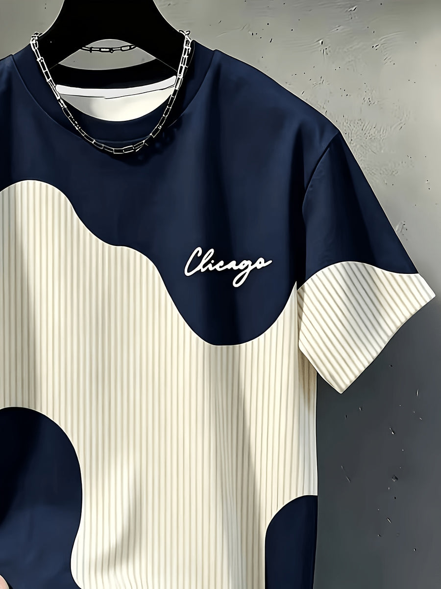 Men'S Casual Round Neck T-Shirt, Geometric Pattern Patchwork Striped Design, Chicago Word Pattern, Drapey Fashion Top, All-Season Wear, Breathable Regular Fit for Casual And Formal Outfits - Round Neck Casual Top - Royal Blue
