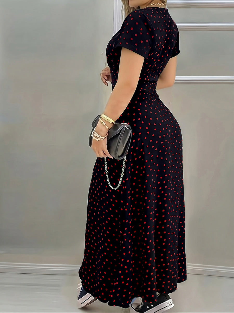 2026 Summer New Bohemian V-Neck Polka Dot Dress Women'S Short-Sleeved Waist-Cinching Slit Vacation Party Outing Long Dress, Casual Elegant Chic Fashion Ladies Dress - Mixed colors