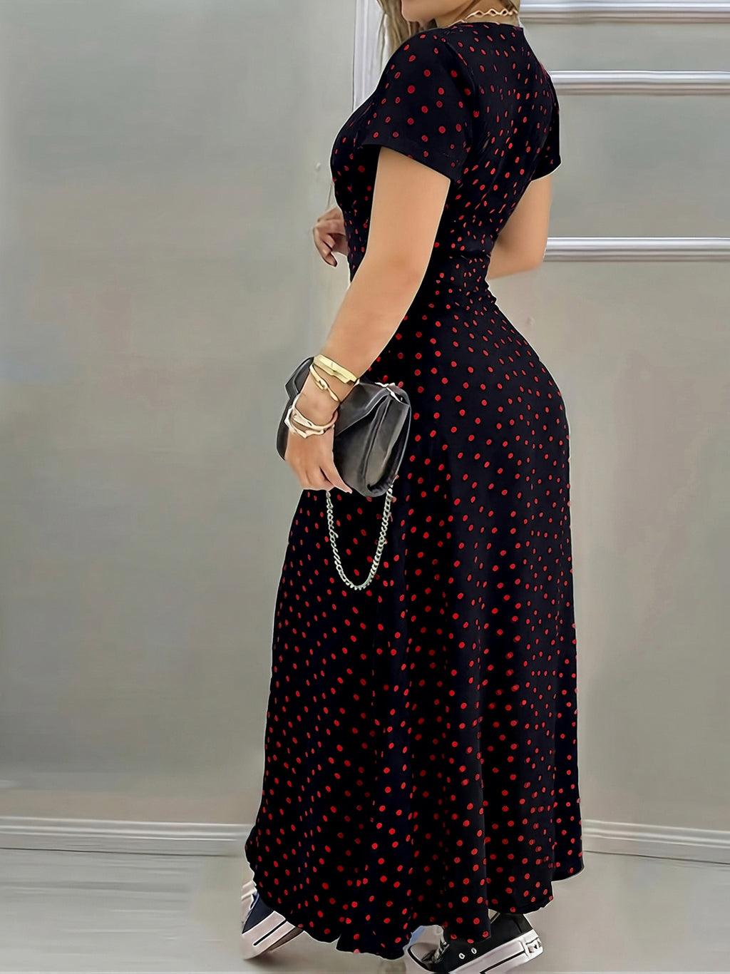 2026 Summer New Bohemian V-Neck Polka Dot Dress Women'S Short-Sleeved Waist-Cinching Slit Vacation Party Outing Long Dress, Casual Elegant Chic Fashion Ladies Dress - Mixed colors
