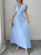 Spring And Summer New Elegant Ladies Slim V-Neck Dress with Pleated Craftsmanship, Large Skirt, Ruffled Lotus Leaf Sleeves, Valentine'S Day Party Gathering Elegant Dress, Commuting Fashion Skirt - Light Blue