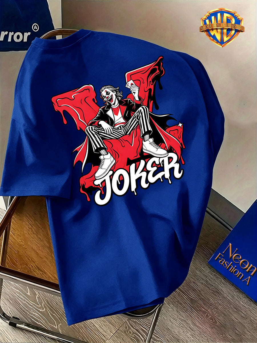 Warner Bros. Official Men's Short-Sleeve Pure T-Shirt, JOKER Ink Splatter Seat Portrait Print, American Vintage Streetwear Style Design, Spring/Summer Top, Regular Fit, Suitable for Outdoor, Fitness, Office, and Daily Wear, A Must-Have Item for Men's - Royal Blue