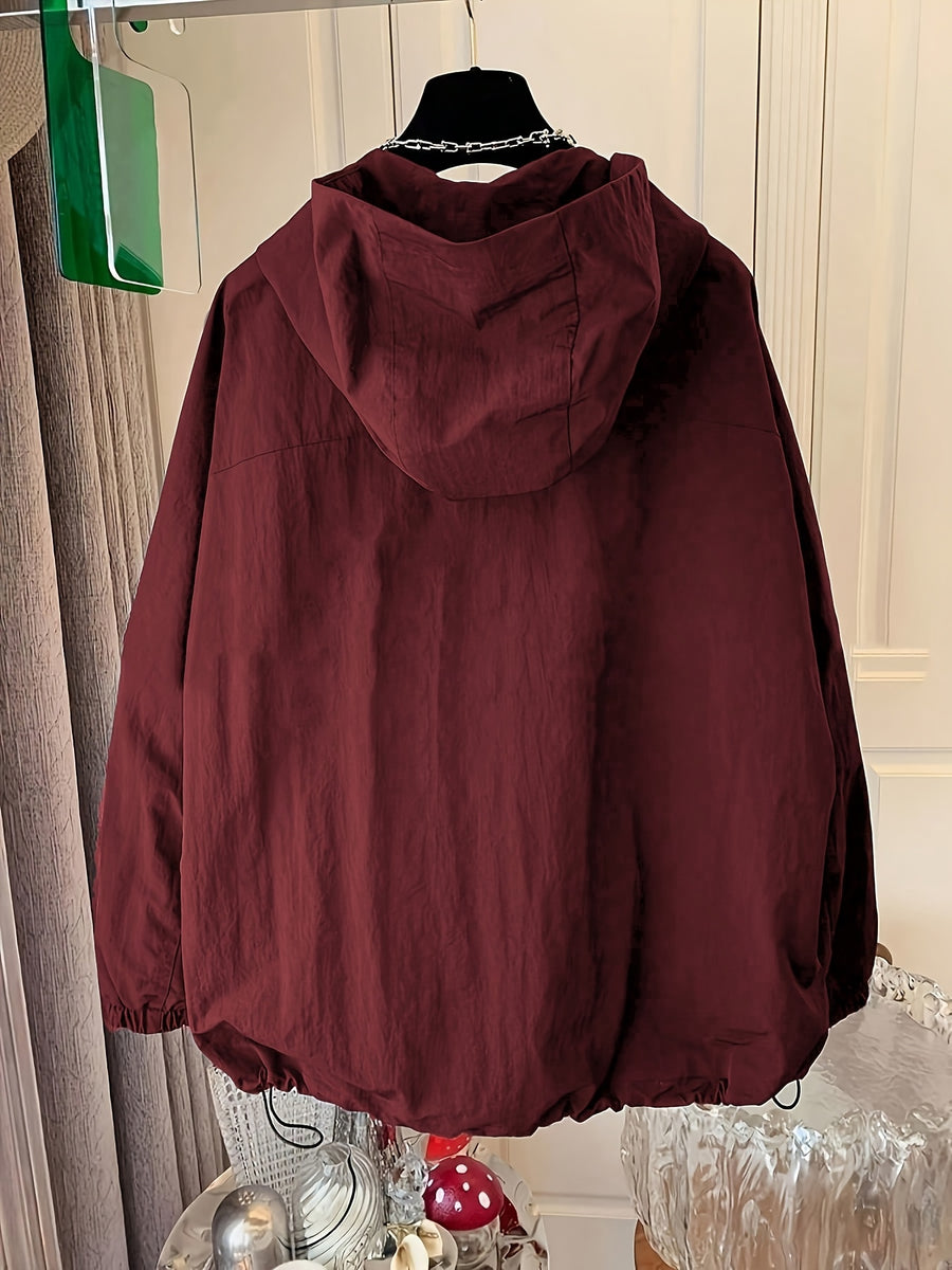 Women'S Cape-Style Hooded Coat, Long Sleeve, with Drawstring, Double Zipper Detail, And Pockets - Burgundy